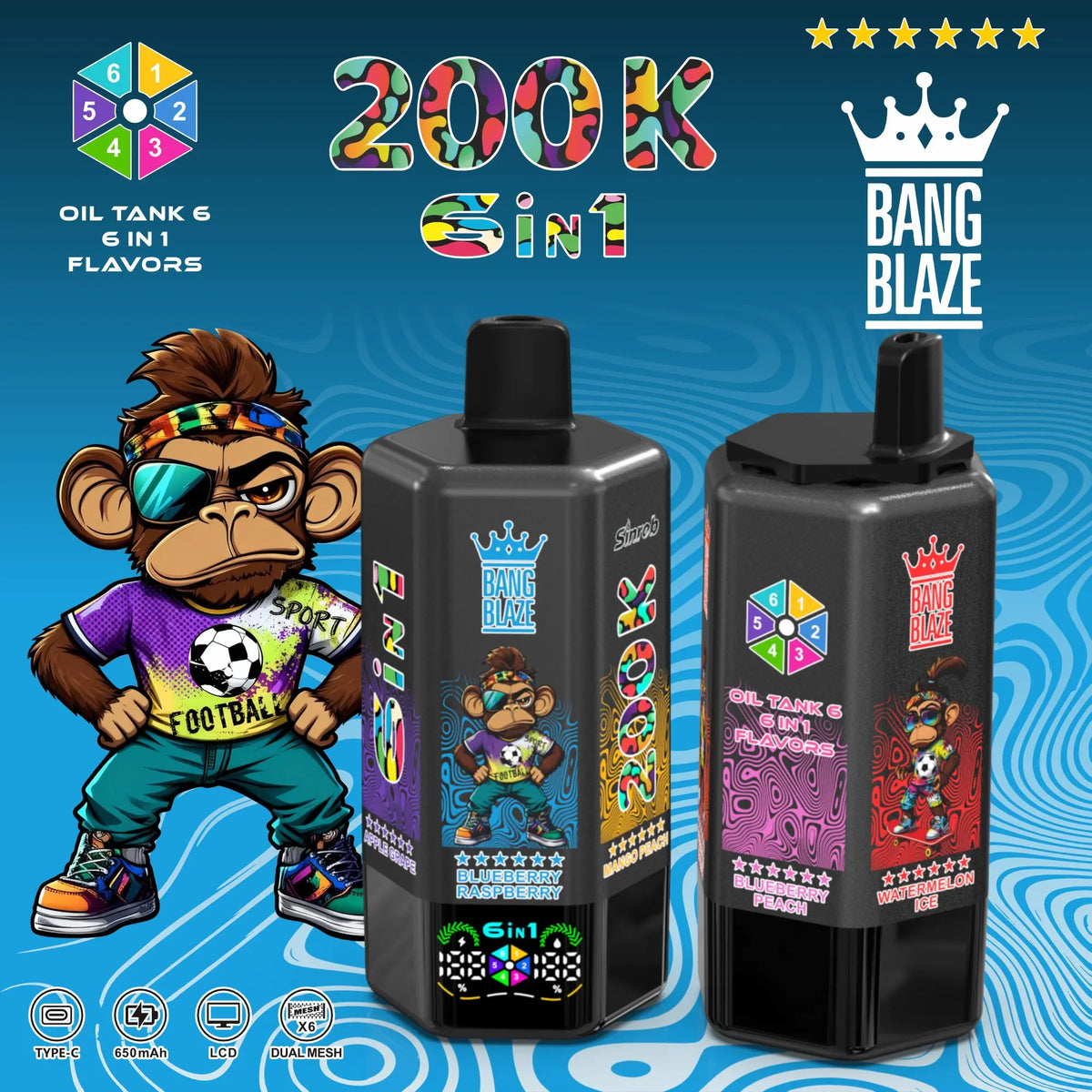 Bang Blaze 200000 200K Puffs 6 in 1 Flavors & 6 oil tanks Rechargeable LCD Display Disposable Vape