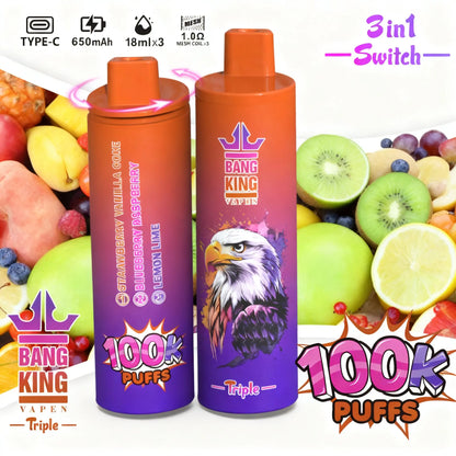 Bang King Triple 100000 100K Puffs 3 in 1 Flavors Original Rechargeable Disposable Vape