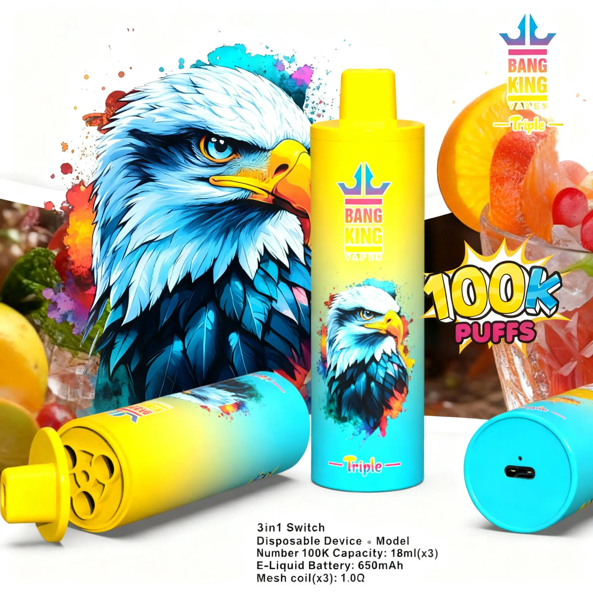 Bang King Triple 100000 100K Puffs 3 in 1 Flavors Original Rechargeable Disposable Vape
