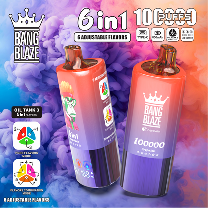 Bang Blaze 100000 100K Puffs 6 in 1 Flavors Newest Original Rechargeable LED Display Disposable Vape
