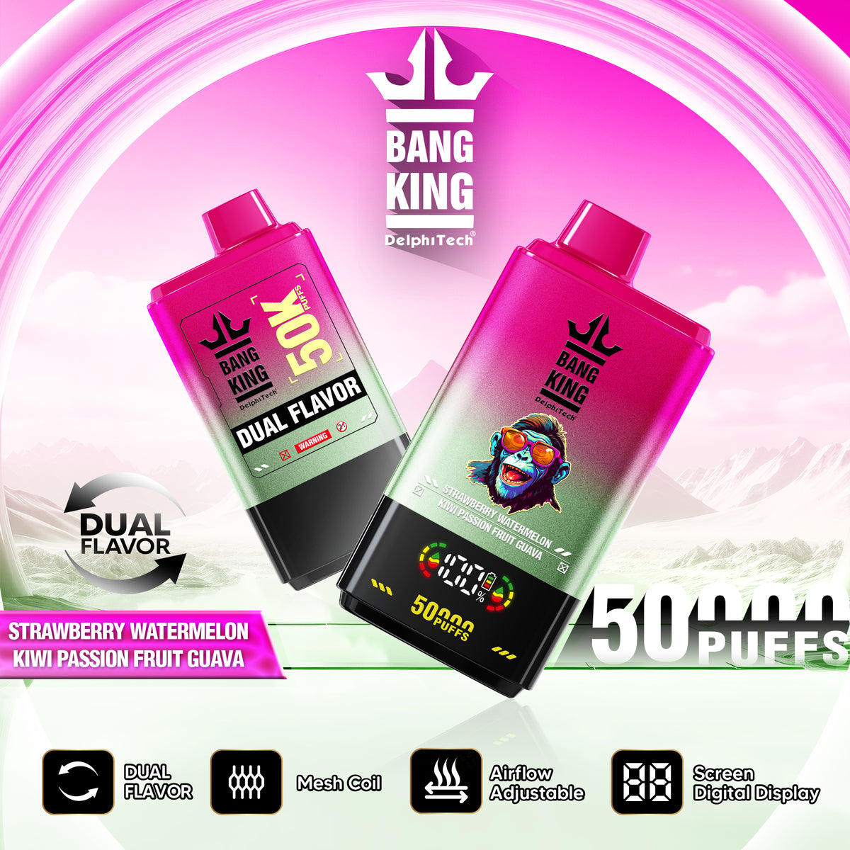 Bang King 50000 50k Puffs 2% 3% 5% Nicotine Double Taste LCD Display Disposable Vape