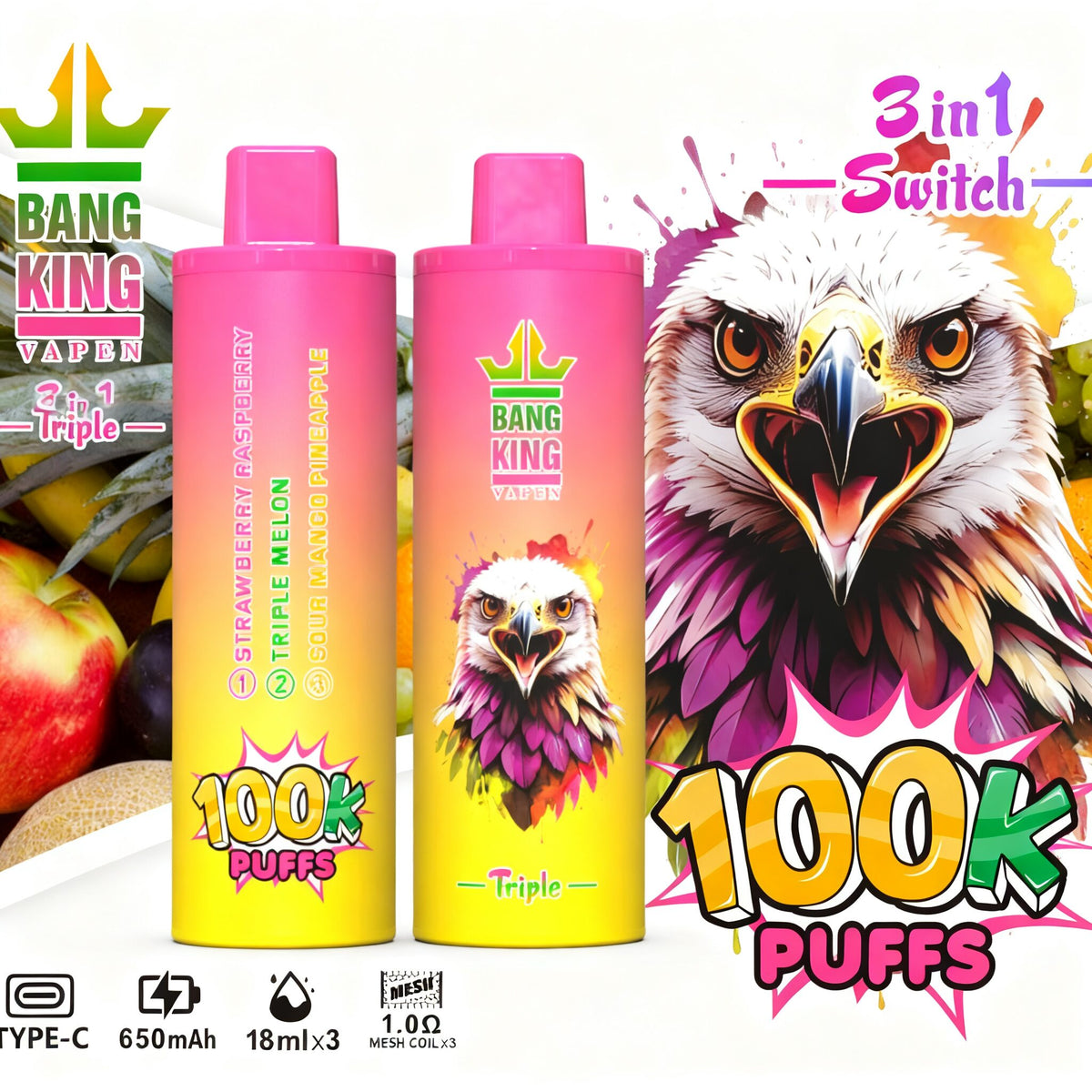 Bang King Triple 100000 100K Puffs 3 in 1 Flavors Original Rechargeable Disposable Vape