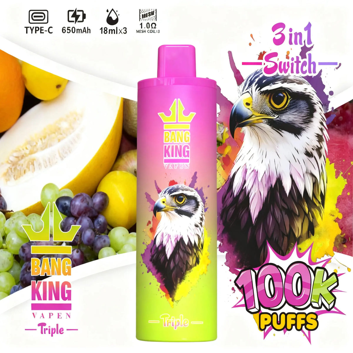 Bang King Triple 100000 100K Puffs 3 in 1 Flavors Original Rechargeable Disposable Vape