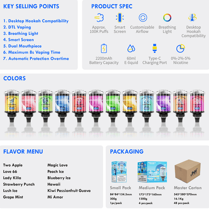 JNR Mega Shisha Hookah 100000 100K Puffs Large Capacity LED Display Disposable Vape