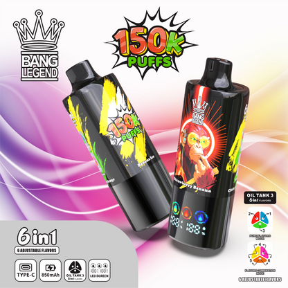 Bang Legend 150000 150K Puffs 6 in 1 Flavors Newest Original Rechargeable LED Display Disposable Vape